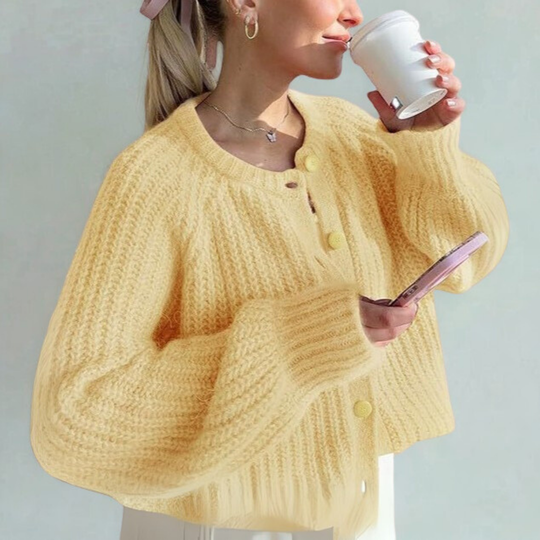 ELOWEN™ - Comfy Plain Button Down Long Sleeve Round Neck Cardigan